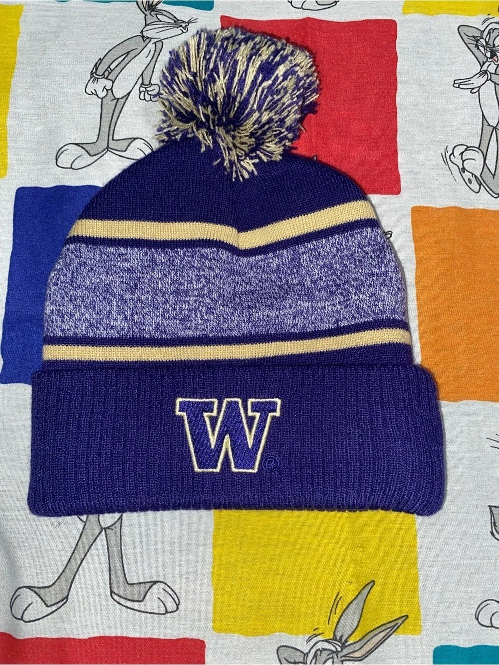 BECCI Purple & Yellow Pom-Pom Beanie Like New